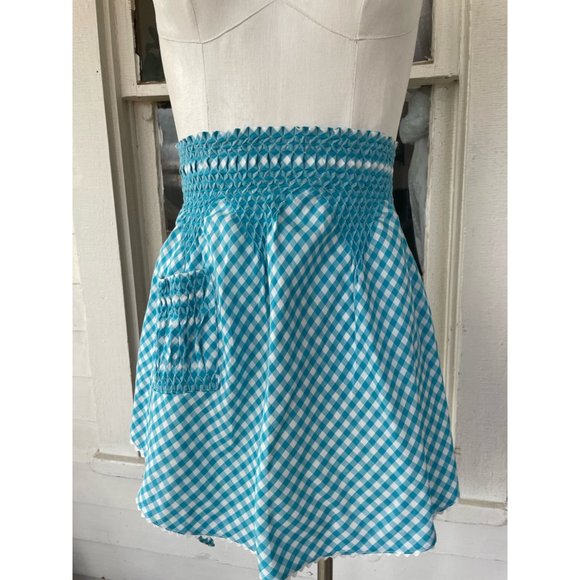 Vintage Turquoise Blue Gingham Check Smocked Half Apron Farmhouse - Picture 7 of 8